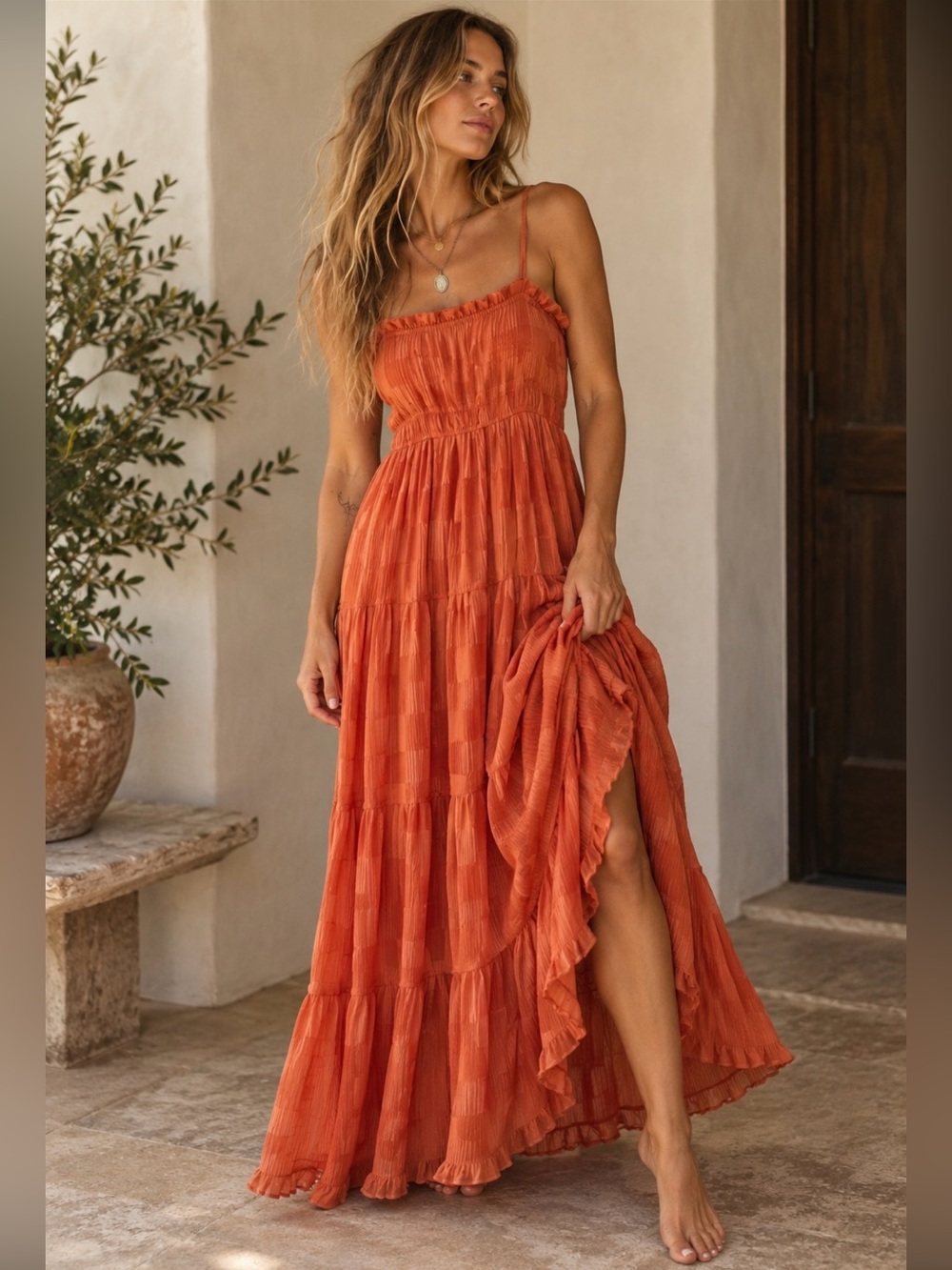 NWT Acler Style Maxi Boho Fitted Bodice Tiered Flowy Sheer Overlay Dress Medium
